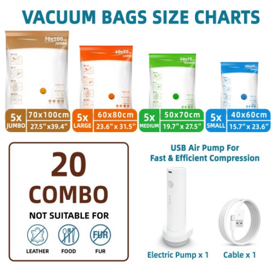 STORAGE MASTER travel and home vacuum storage bags, reusable, 20-pack, with an electric air pump to save 80% of storage space – this